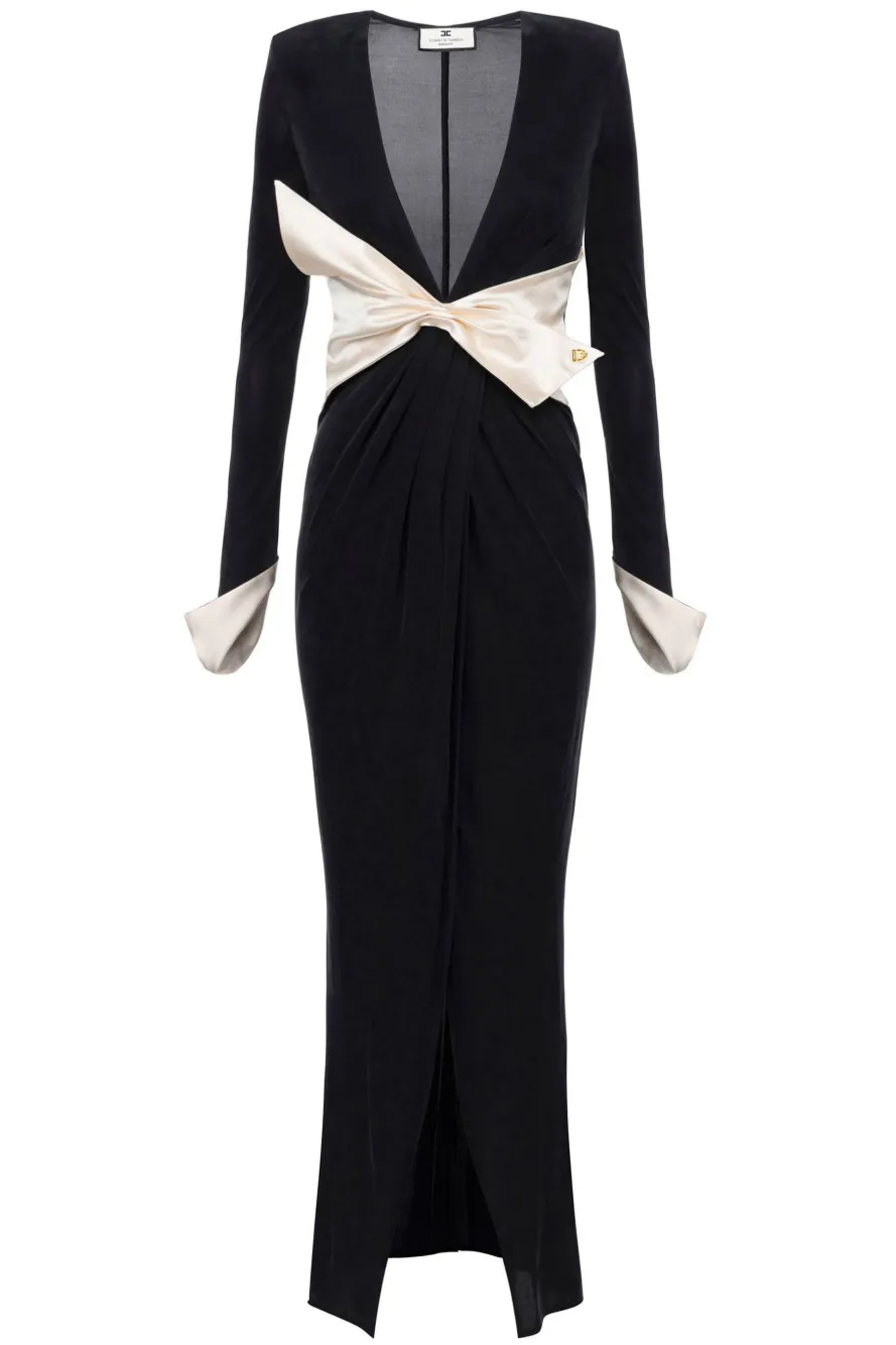 Contrast Color Bow Long Sleeve Maxi Dress