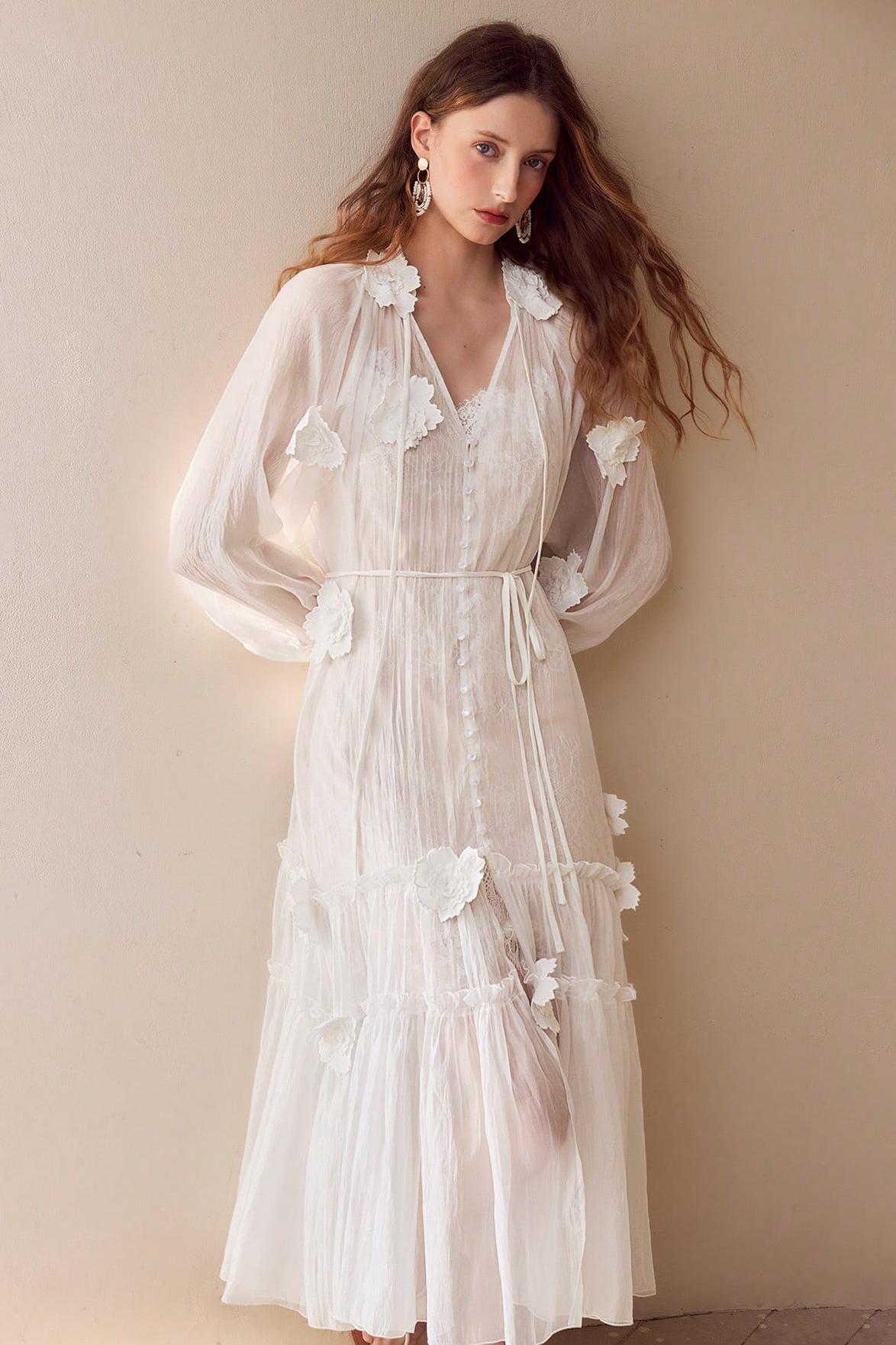 3D Flower Embroidered Button Midi Dress