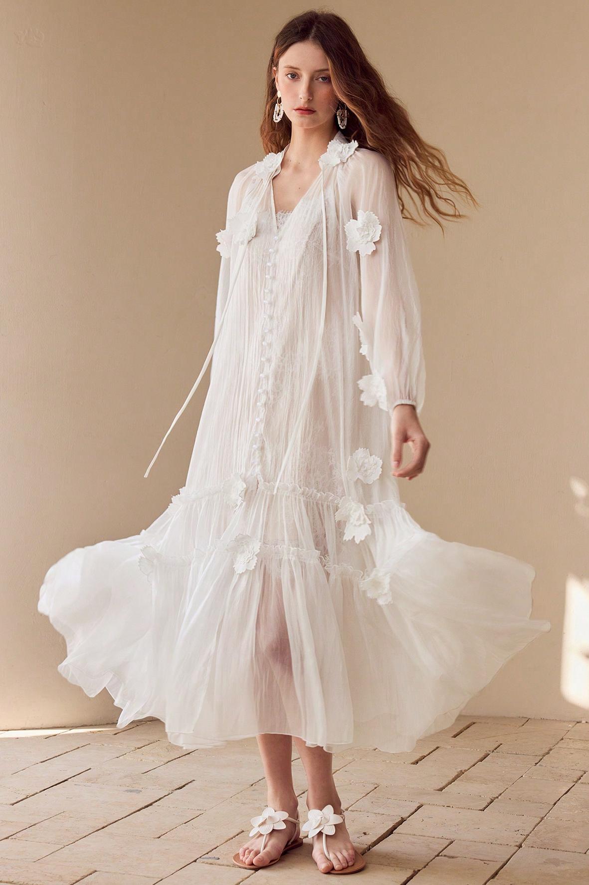 3D Flower Embroidered Button Midi Dress