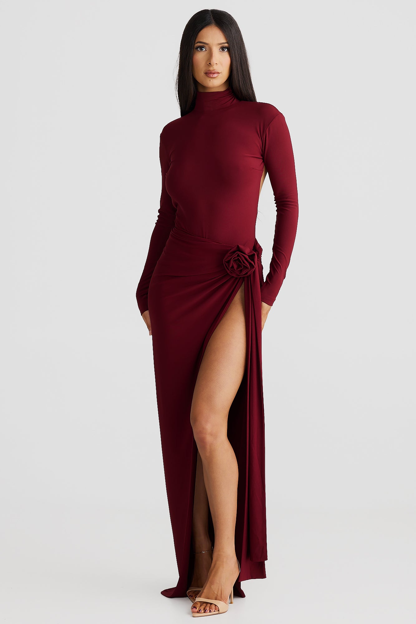 Jersey 3D Flower Slit Maxi Dress