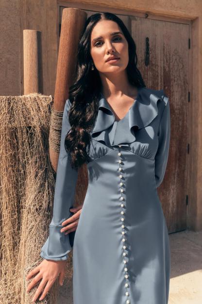 Solid Ruffle Faux Pearl Midi Dress