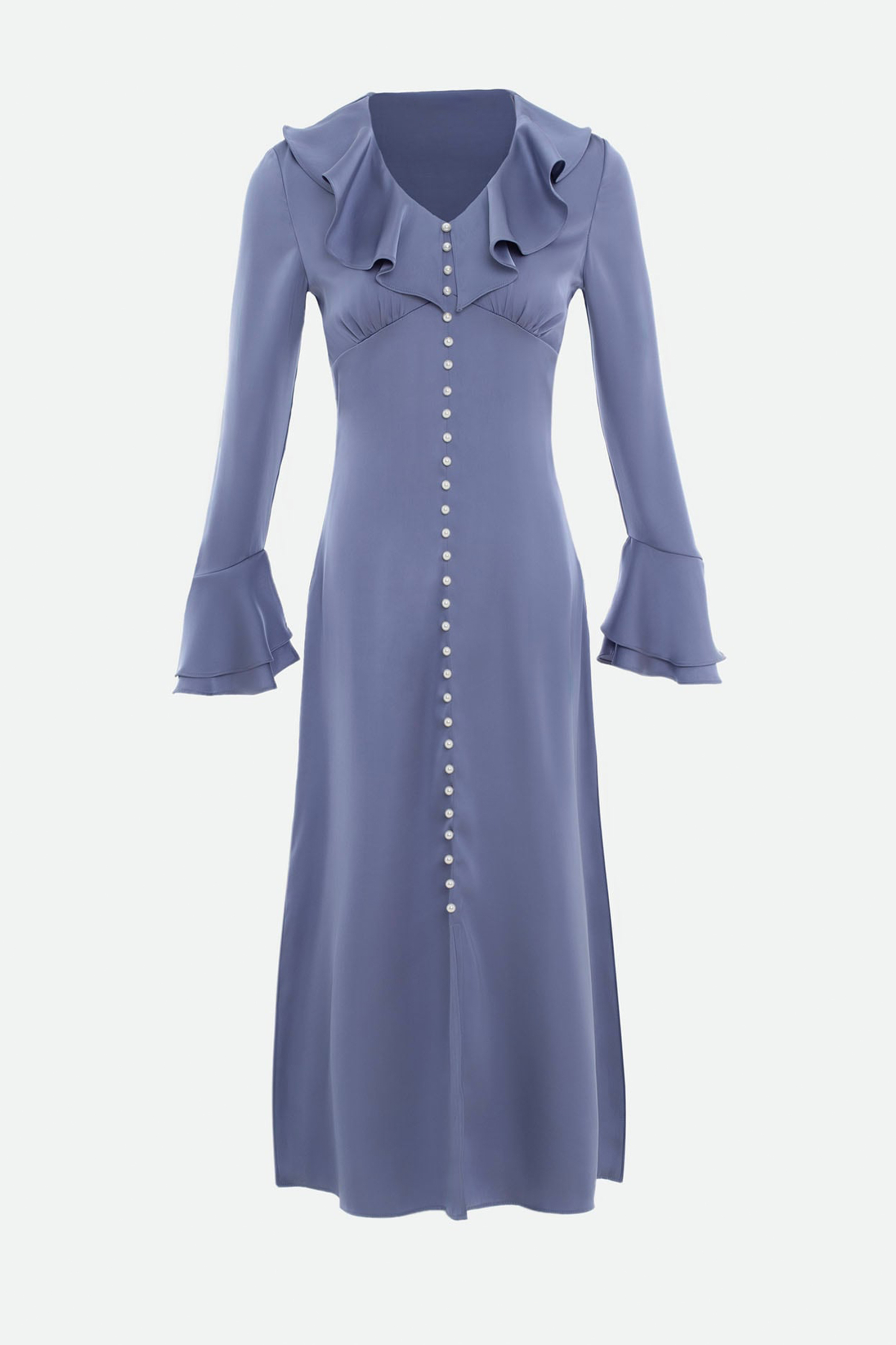 Solid Ruffle Faux Pearl Midi Dress