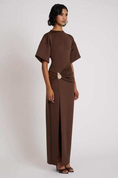Solid Gathering Metal Button Slit Maxi Dress