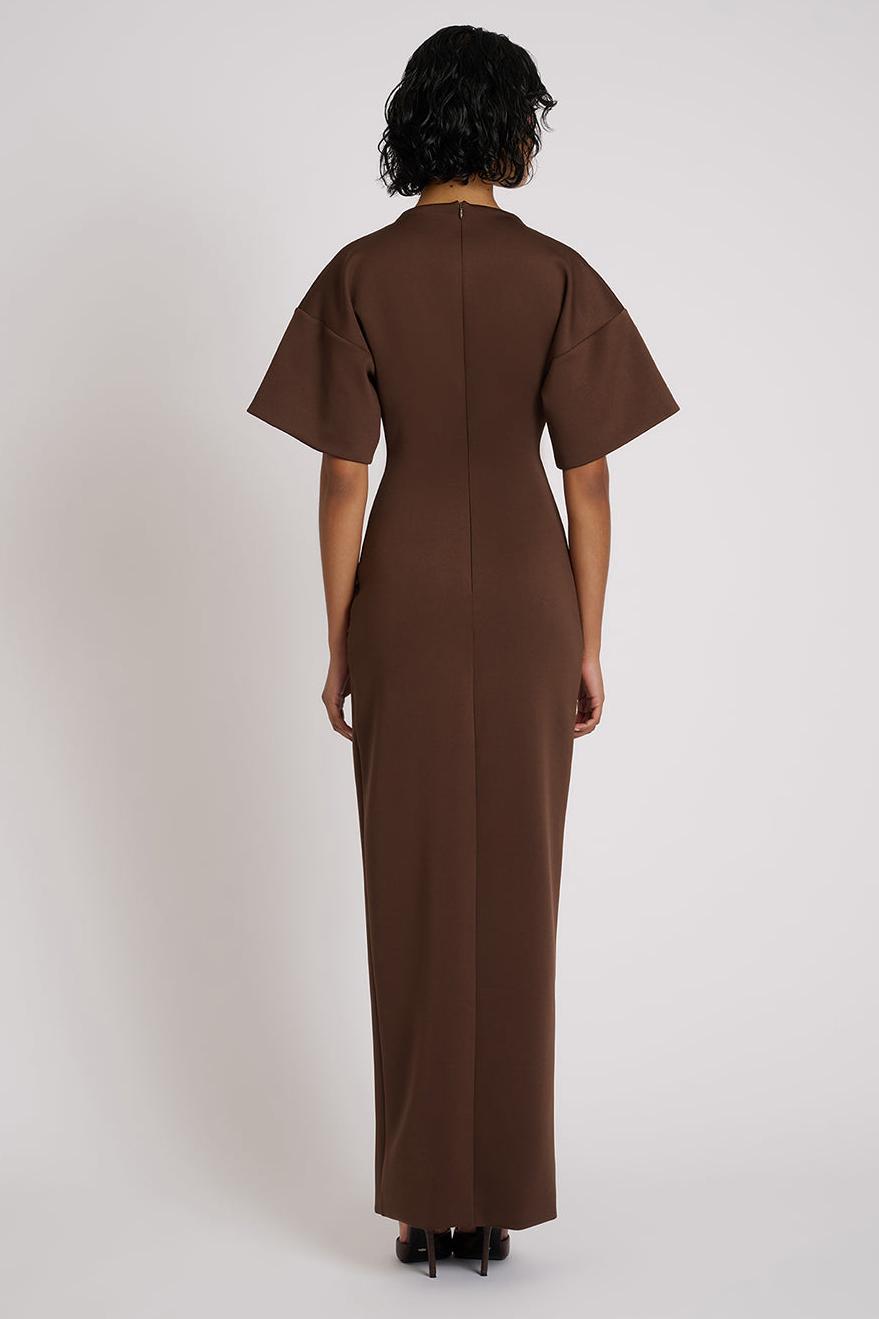 Solid Gathering Metal Button Slit Maxi Dress