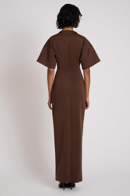 Solid Gathering Metal Button Slit Maxi Dress