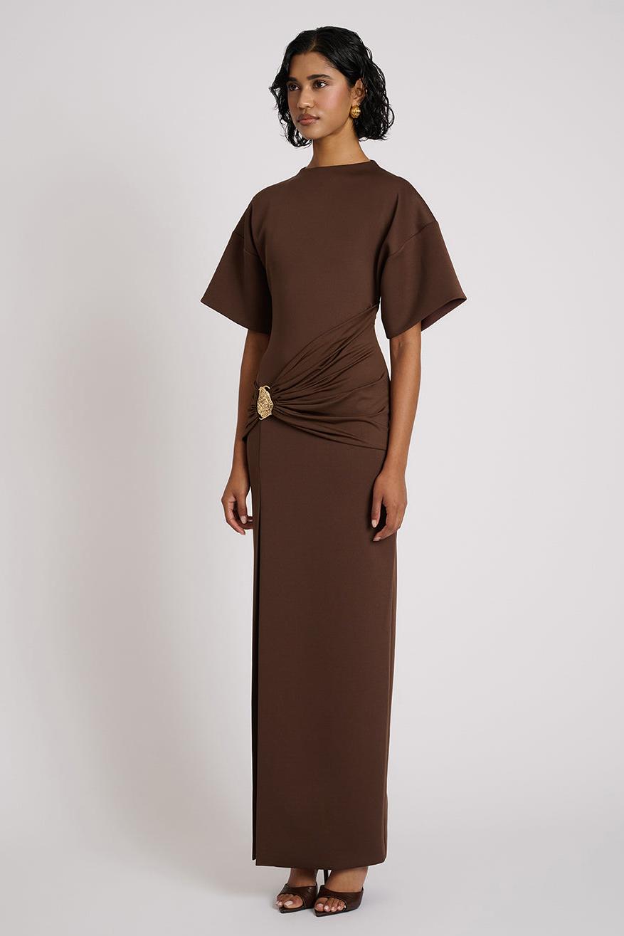 Solid Gathering Metal Button Slit Maxi Dress