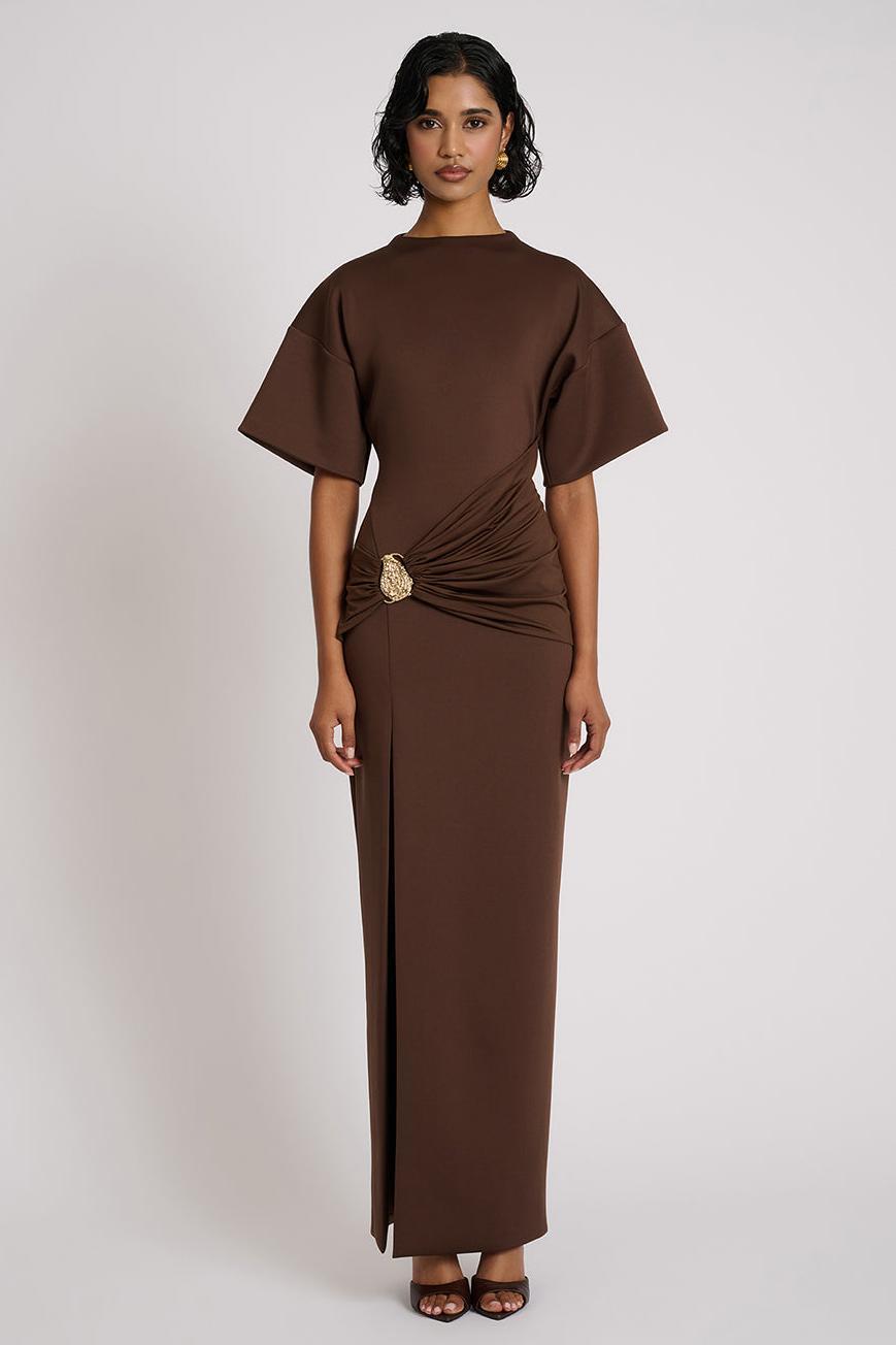 Solid Gathering Metal Button Slit Maxi Dress