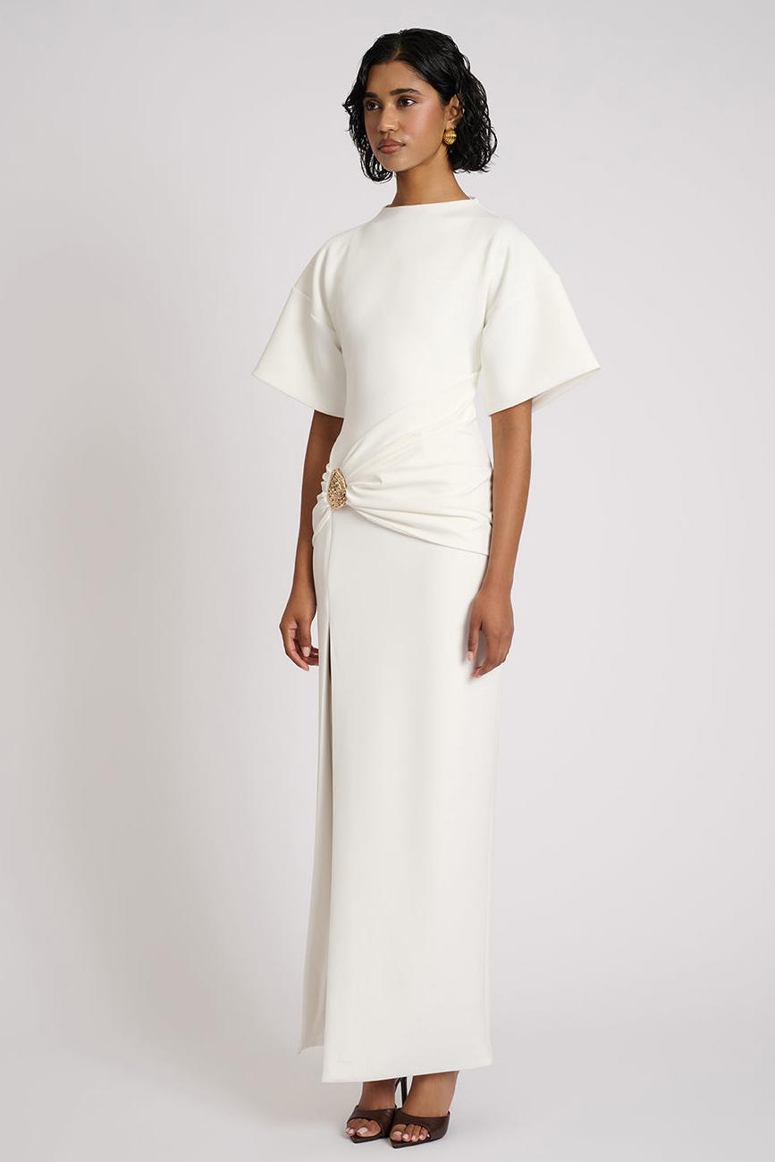 Solid Gathering Metal Button Slit Maxi Dress