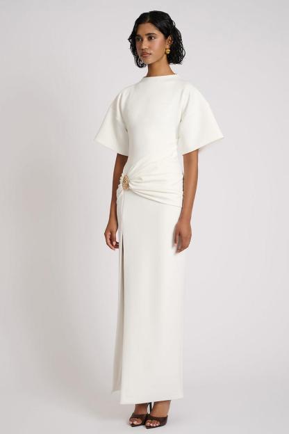 Solid Gathering Metal Button Slit Maxi Dress