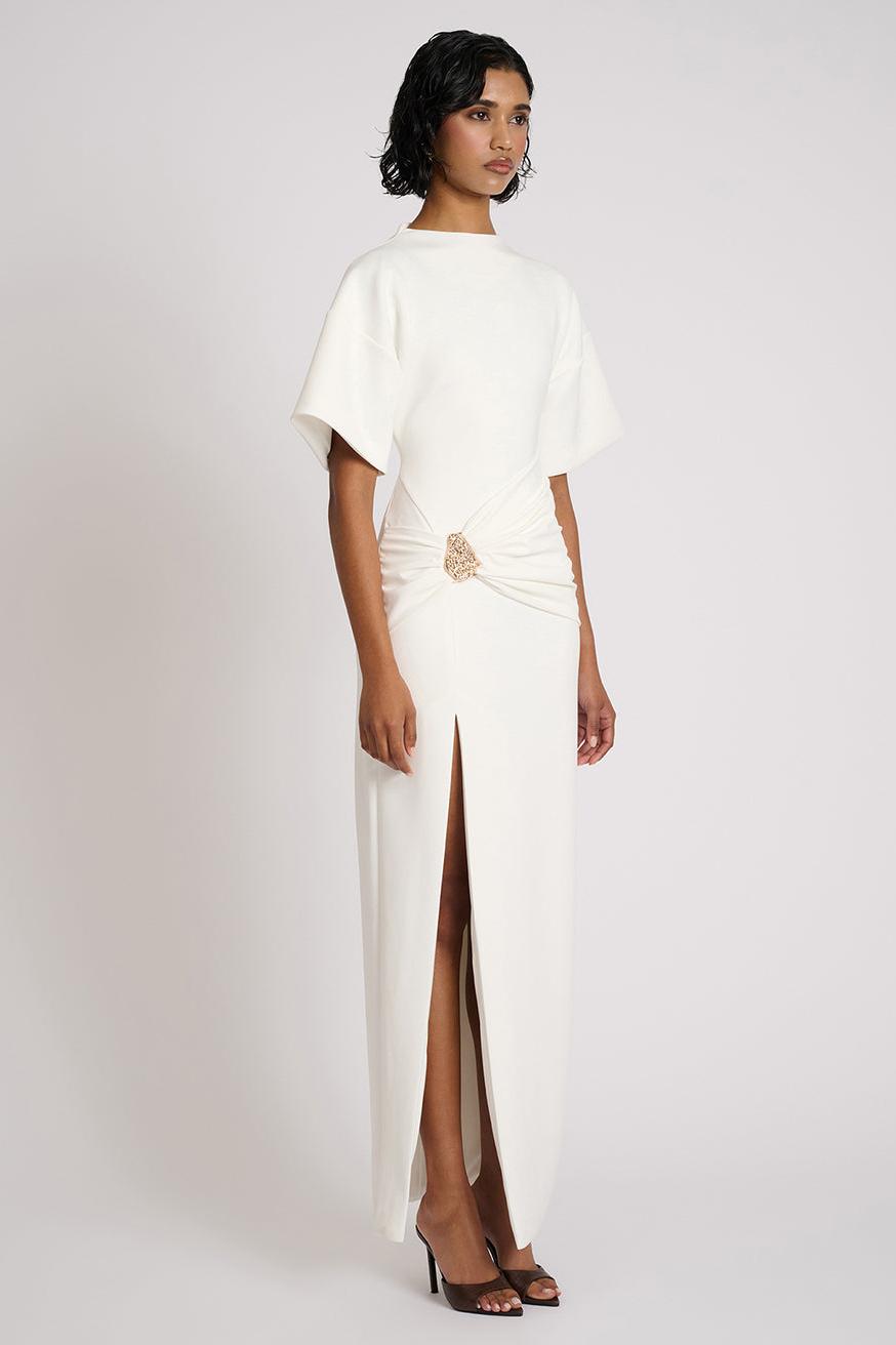 Solid Gathering Metal Button Slit Maxi Dress