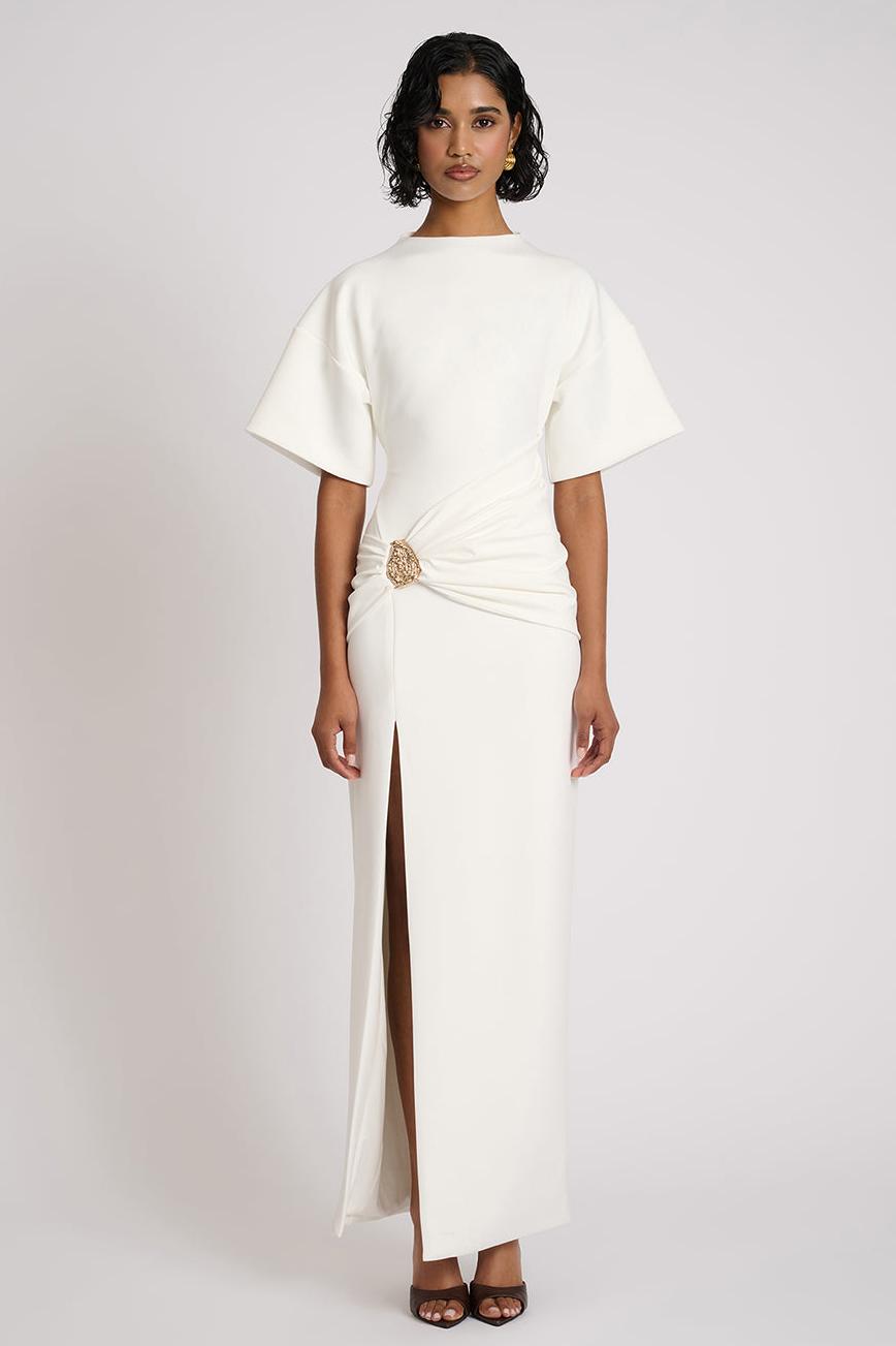 Solid Gathering Metal Button Slit Maxi Dress