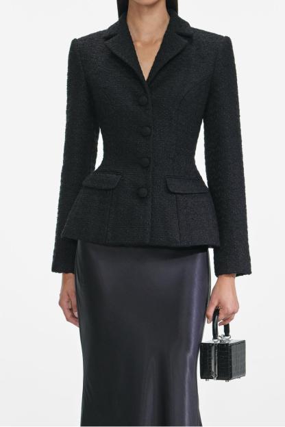 Tweed Single Breasted Tailored Collar Blazer & Satin High Waist Maxi Skirt Set