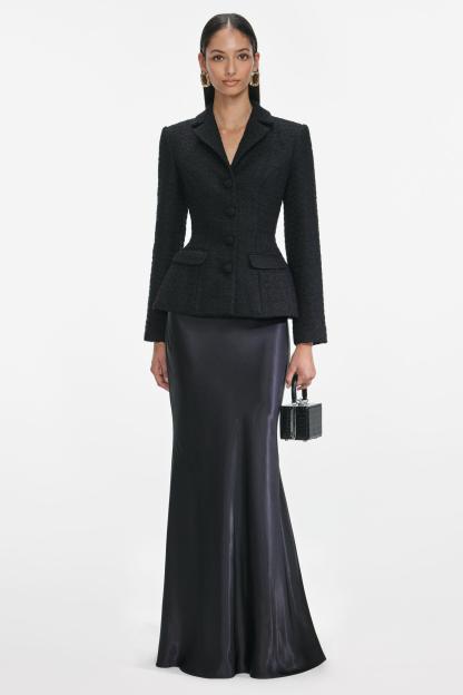 Tweed Single Breasted Tailored Collar Blazer & Satin High Waist Maxi Skirt Set