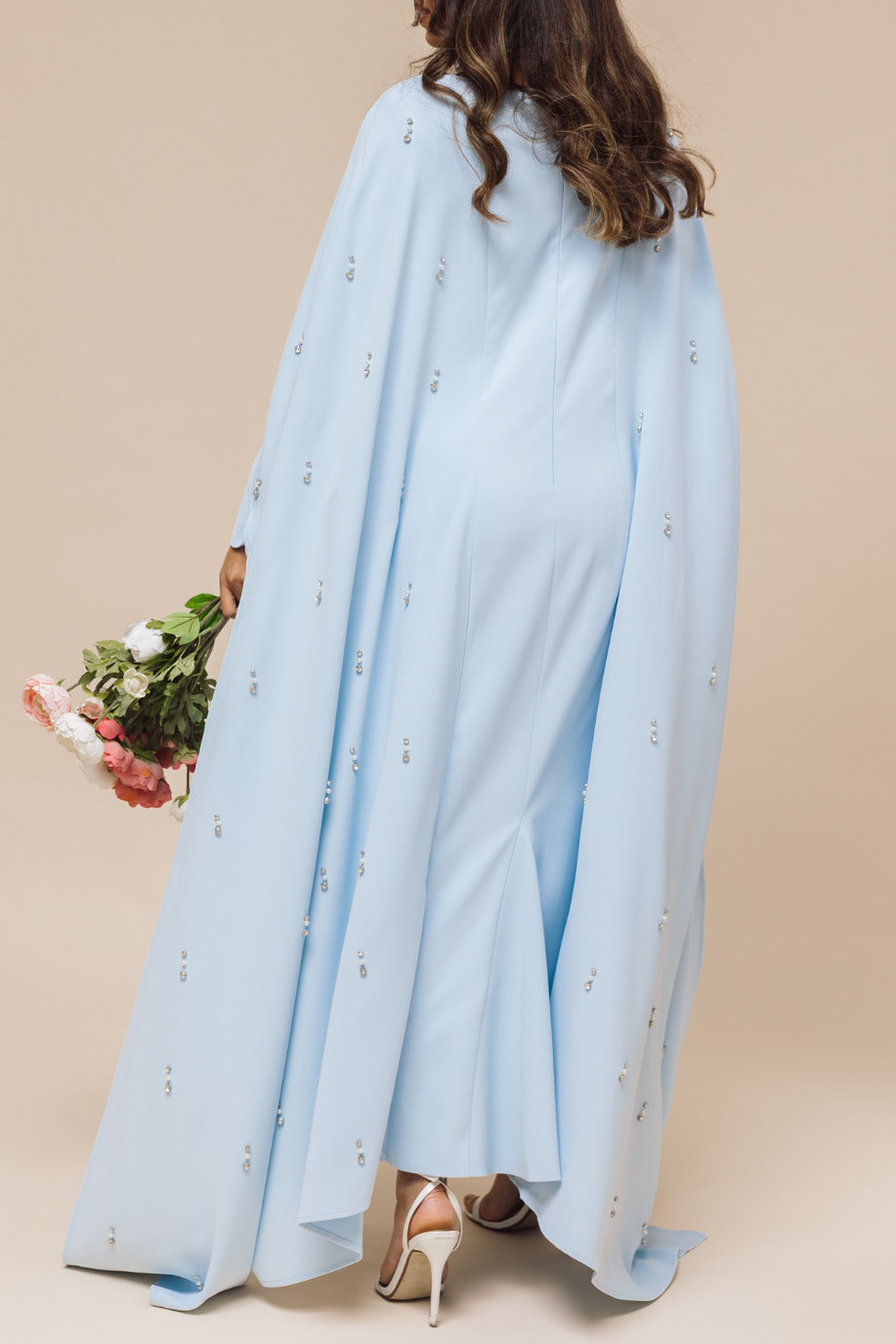 Solid Rhinestone Long Sleeve Maxi Dress With Cape