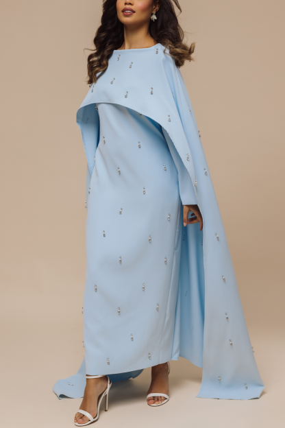 Solid Rhinestone Long Sleeve Maxi Dress With Cape