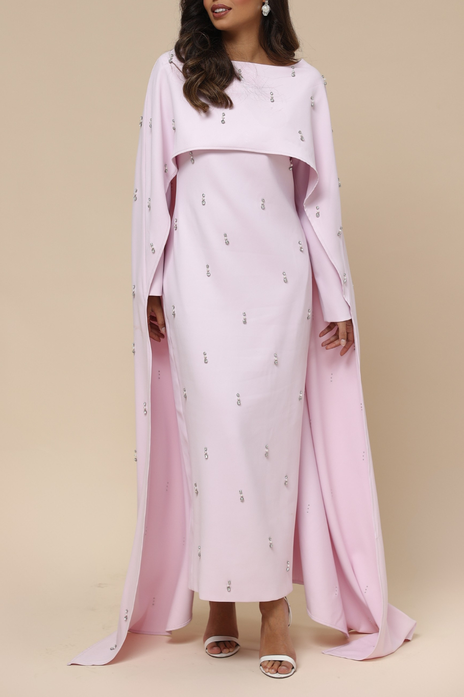 Solid Rhinestone Long Sleeve Maxi Dress With Cape