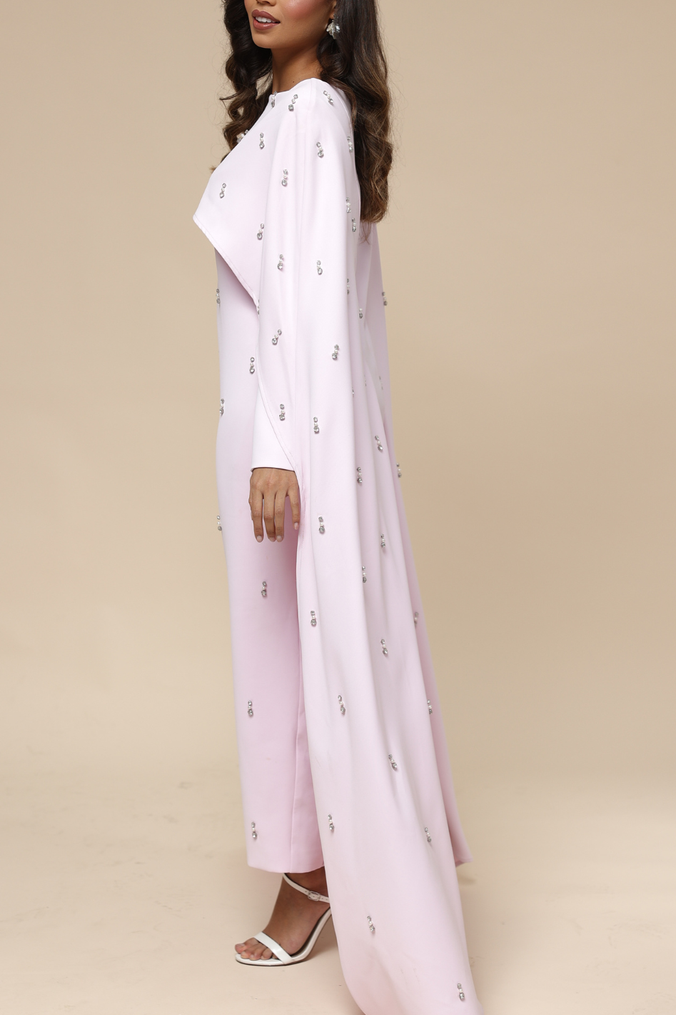 Solid Rhinestone Long Sleeve Maxi Dress With Cape