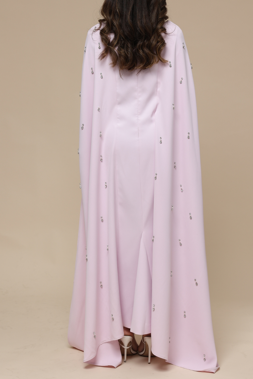 Solid Rhinestone Long Sleeve Maxi Dress With Cape