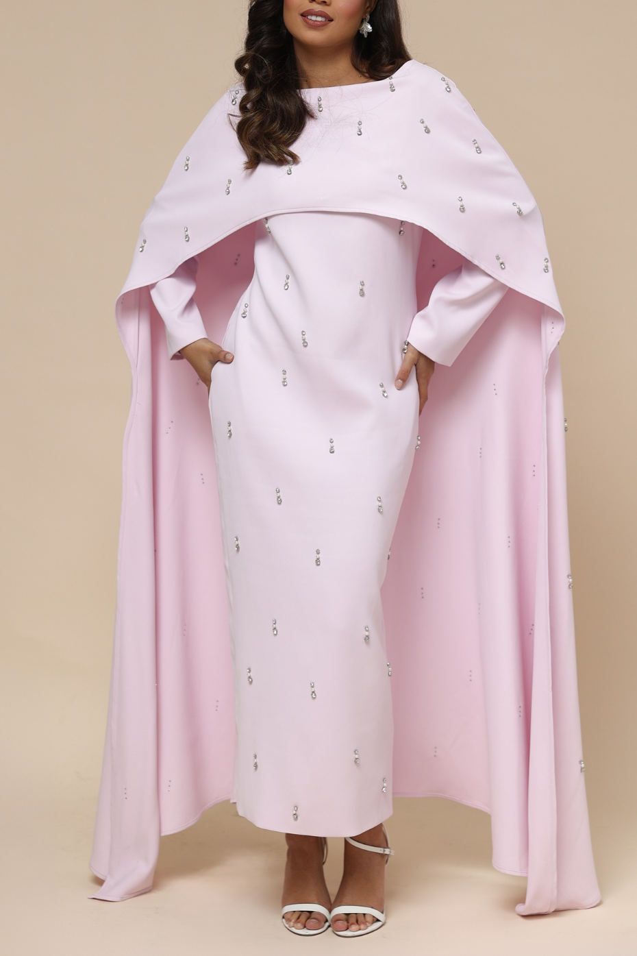 Solid Rhinestone Long Sleeve Maxi Dress With Cape