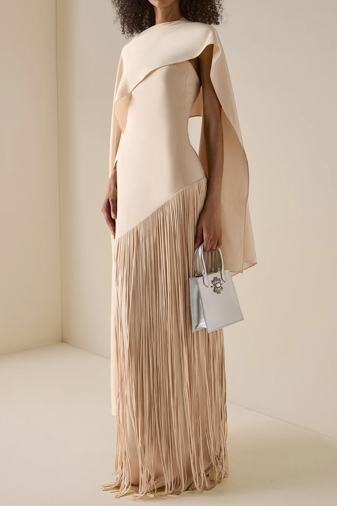 Solid Satin Tassel Maxi Dress With Cape