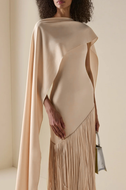 Solid Satin Tassel Maxi Dress With Cape