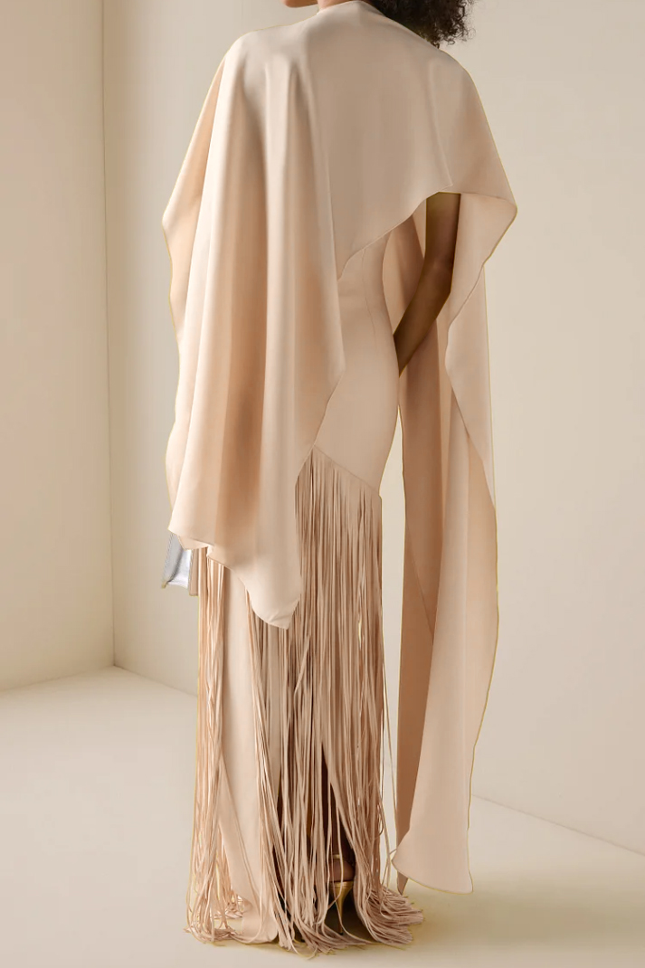 Solid Satin Tassel Maxi Dress With Cape