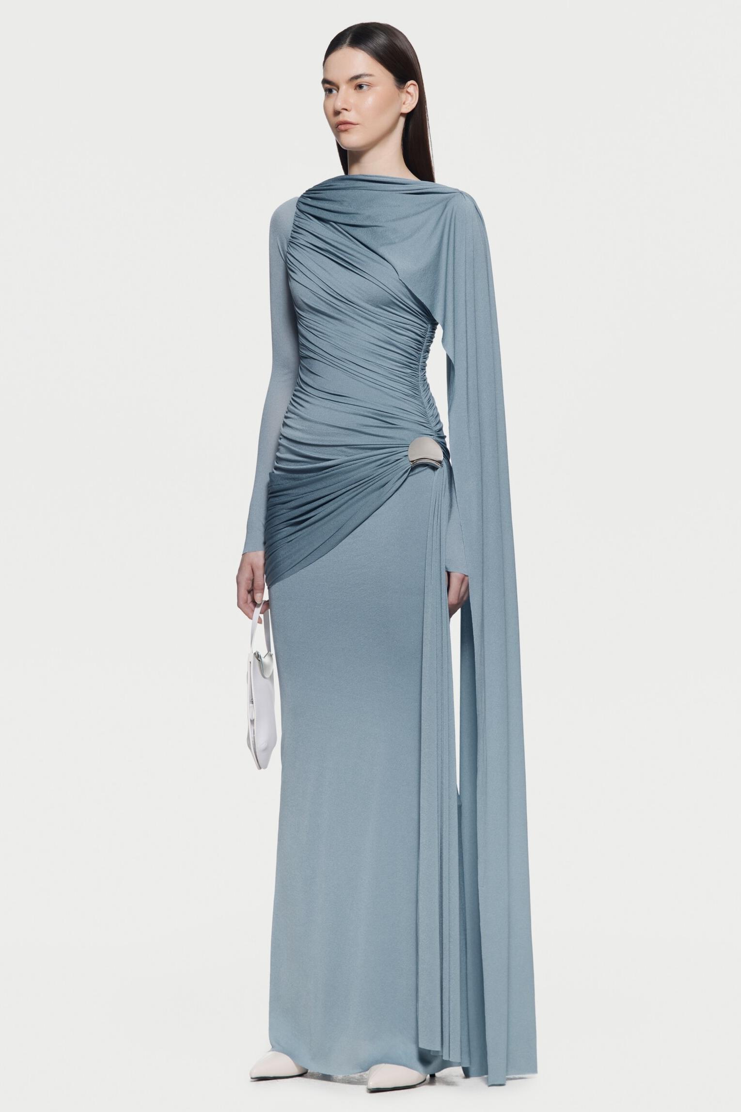 Solid Gathering Metal Button Cape Sleeve Maxi Dress