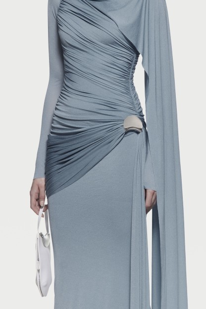 Solid Gathering Metal Button Cape Sleeve Maxi Dress