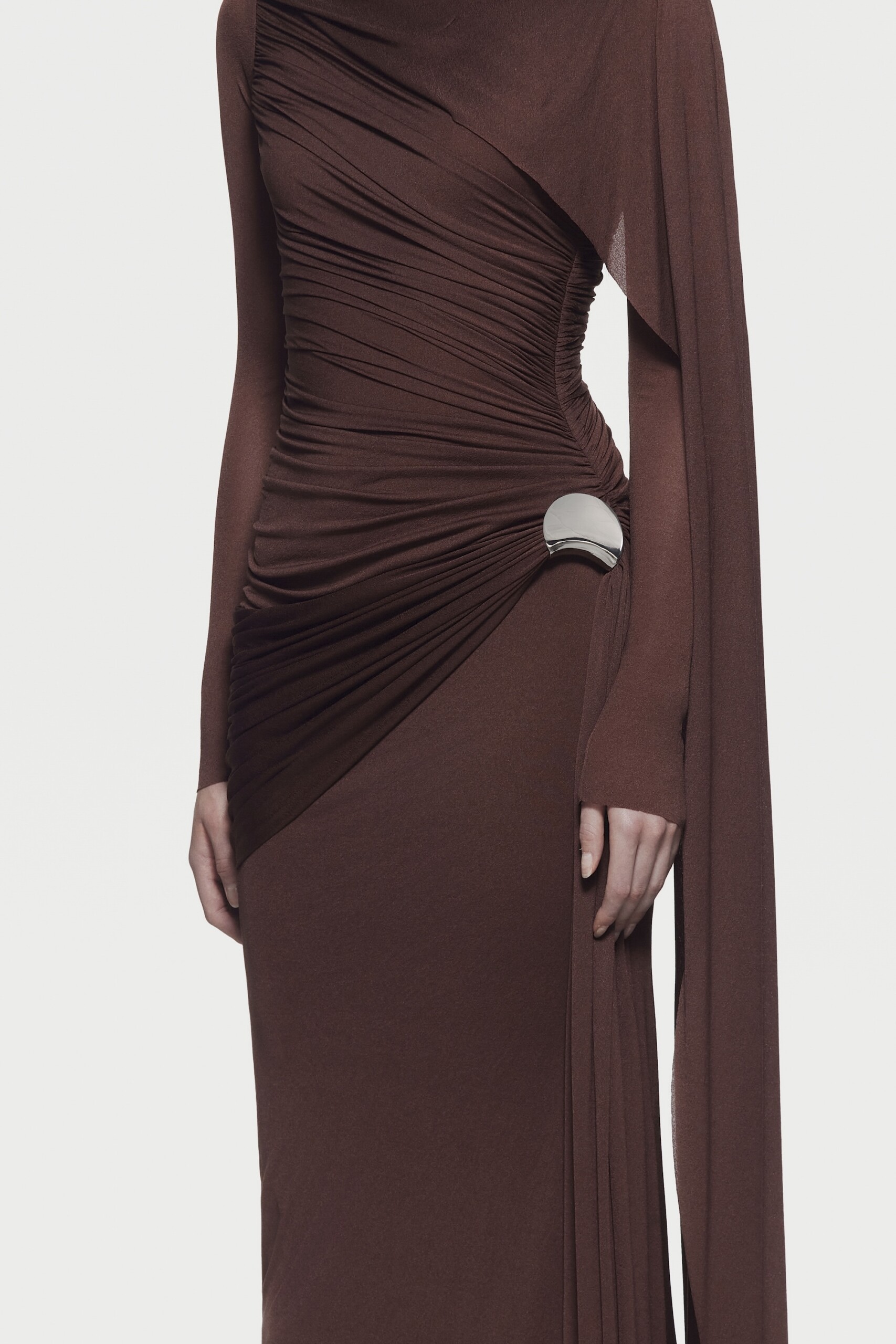 Solid Gathering Metal Button Cape Sleeve Maxi Dress