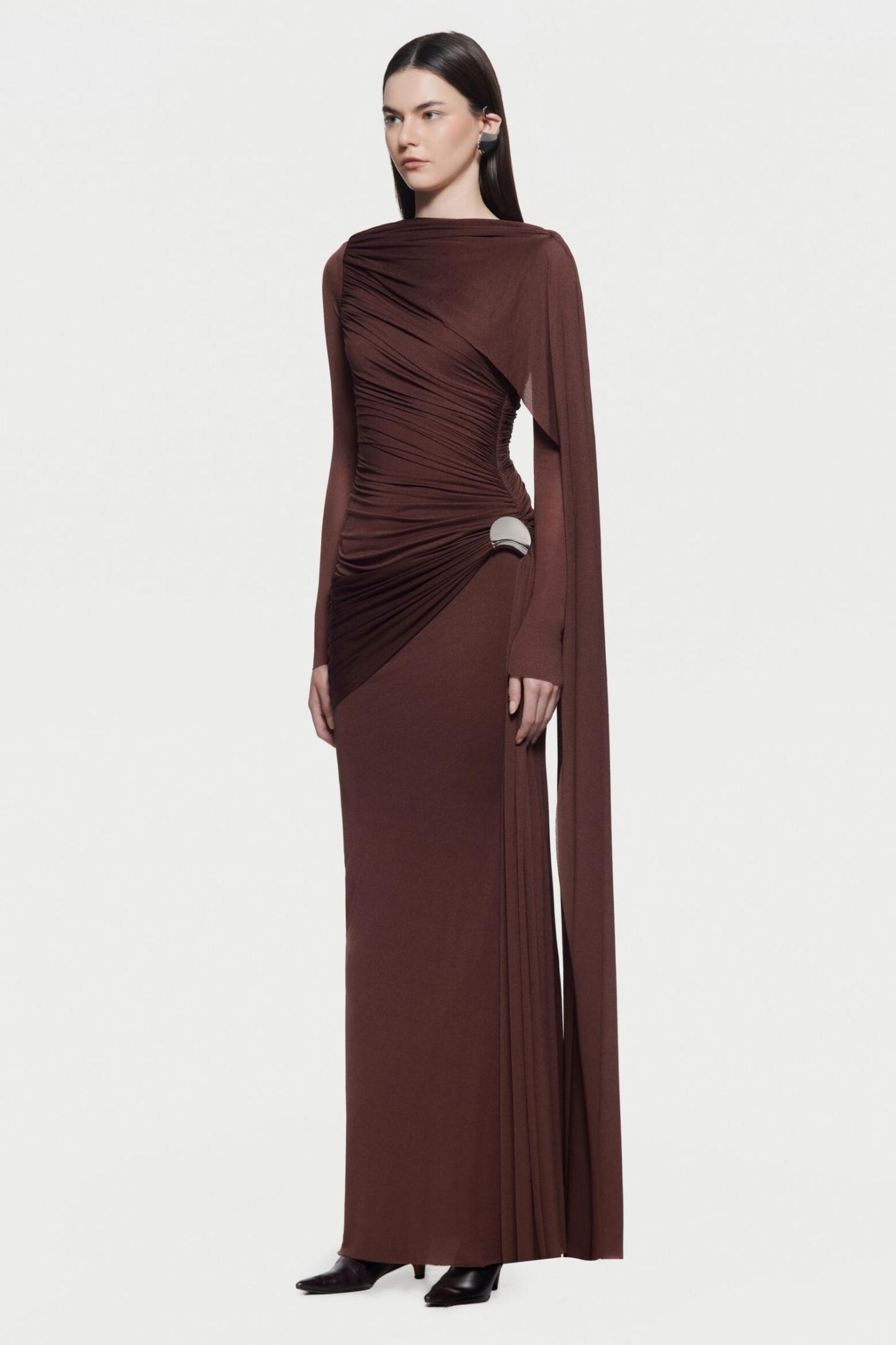 Solid Gathering Metal Button Cape Sleeve Maxi Dress