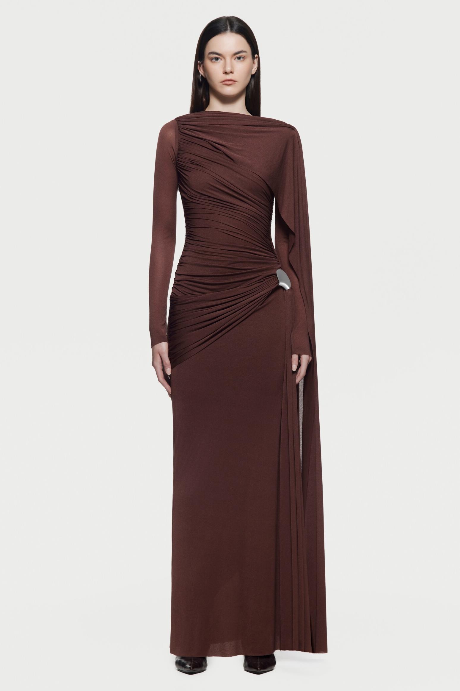 Solid Gathering Metal Button Cape Sleeve Maxi Dress