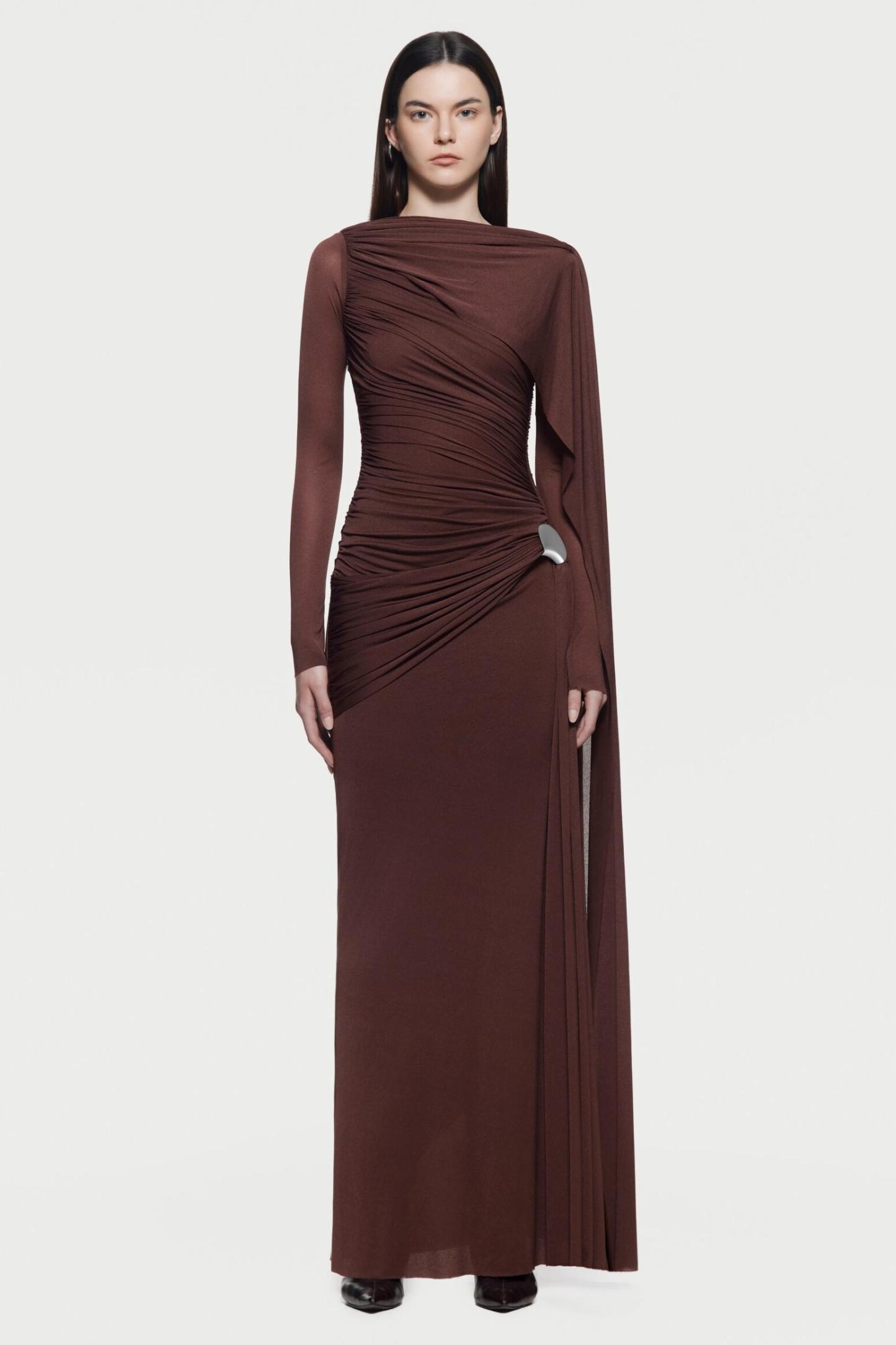 Solid Gathering Metal Button Cape Sleeve Maxi Dress