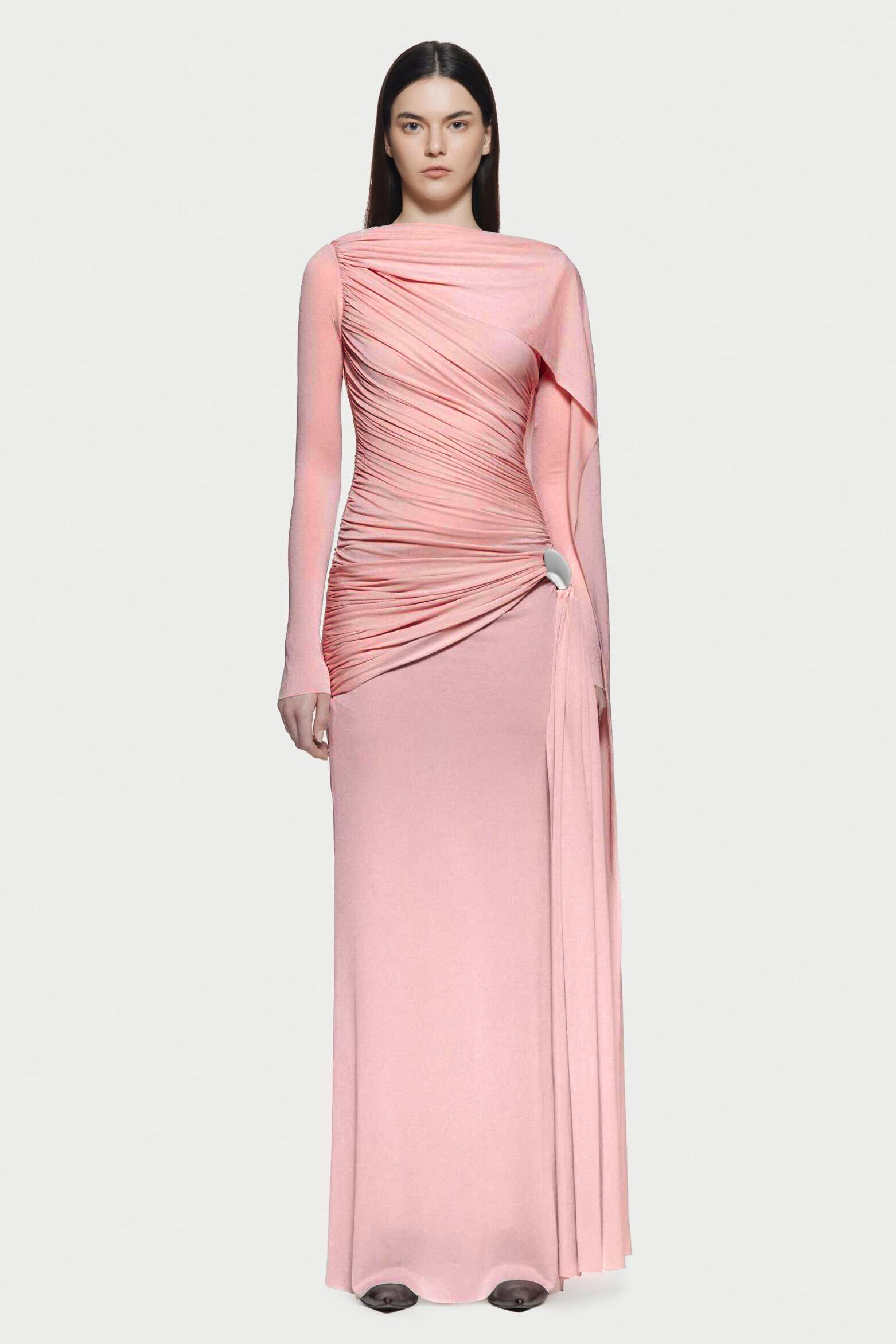 Solid Gathering Metal Button Cape Sleeve Maxi Dress