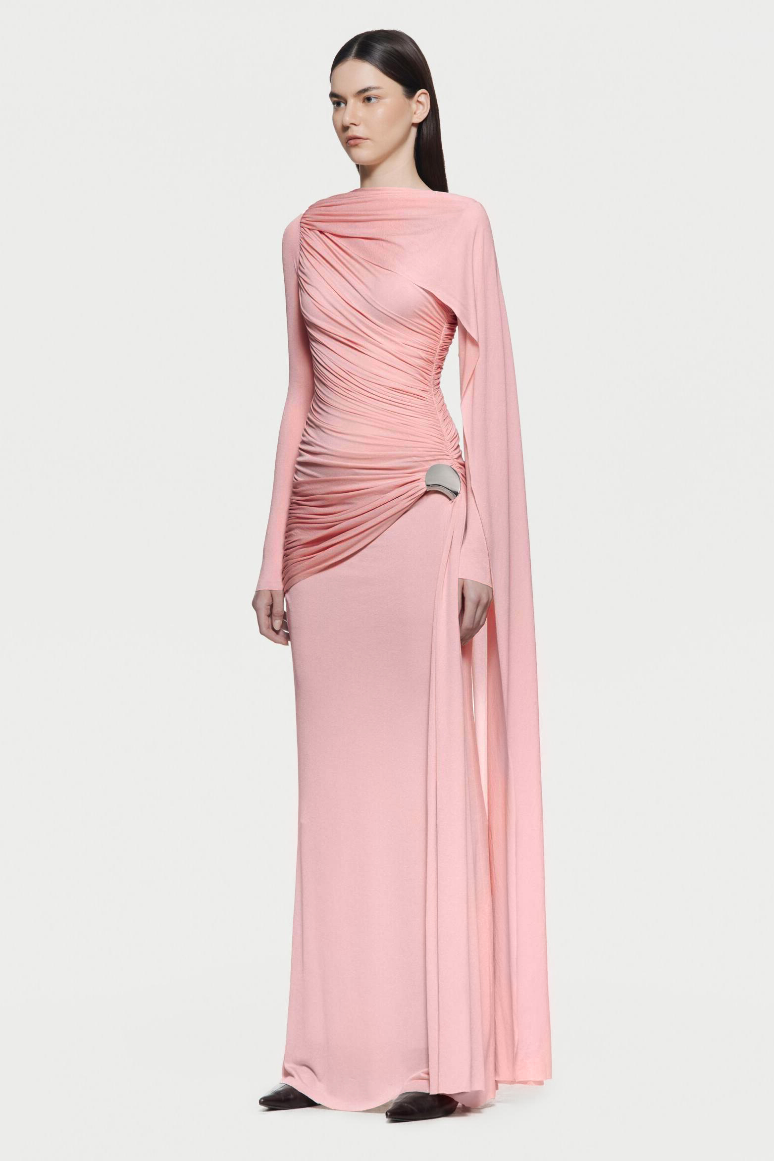 Solid Gathering Metal Button Cape Sleeve Maxi Dress