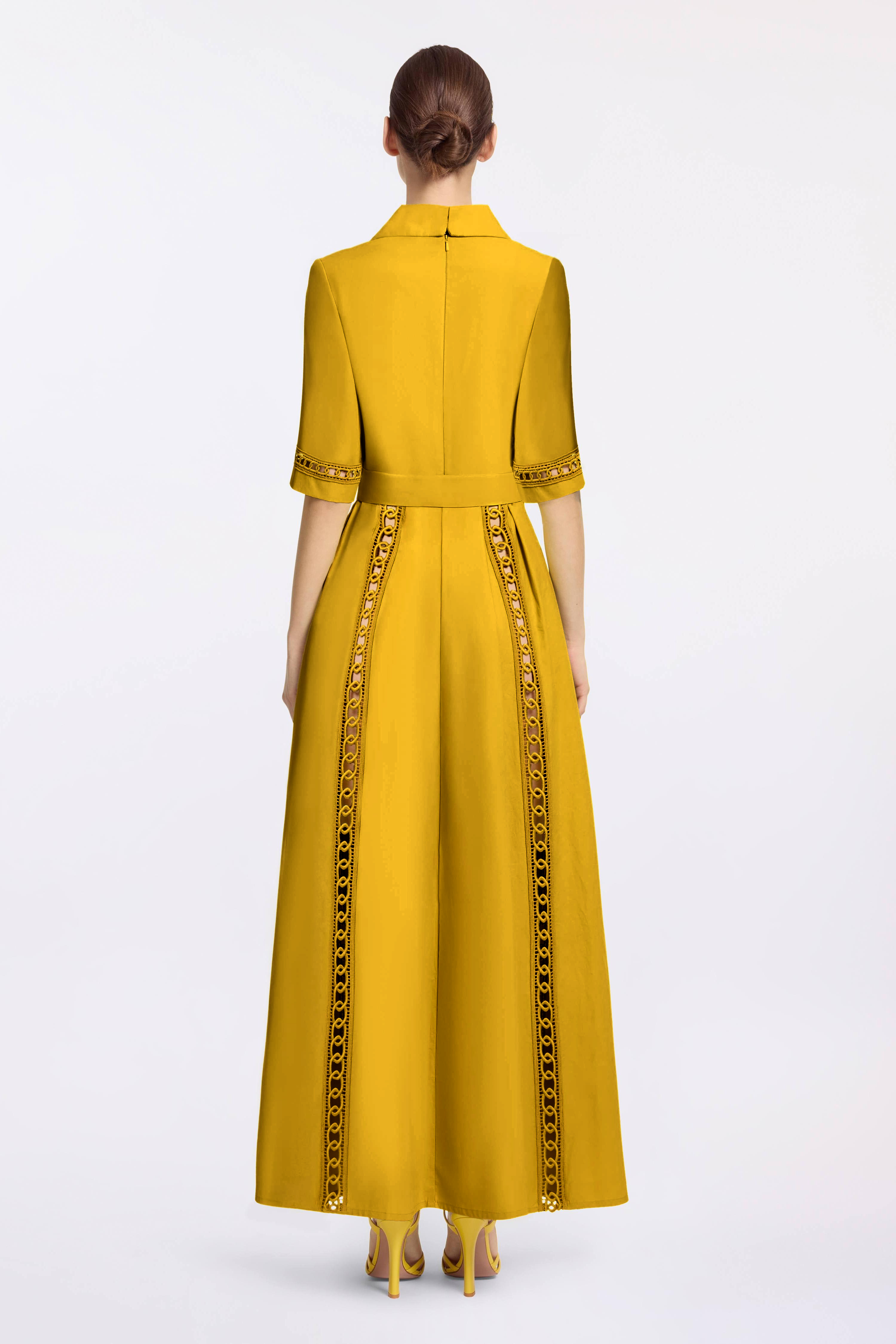 Linen Lace Cut-Out Single Breasted Midi Dress With Belt