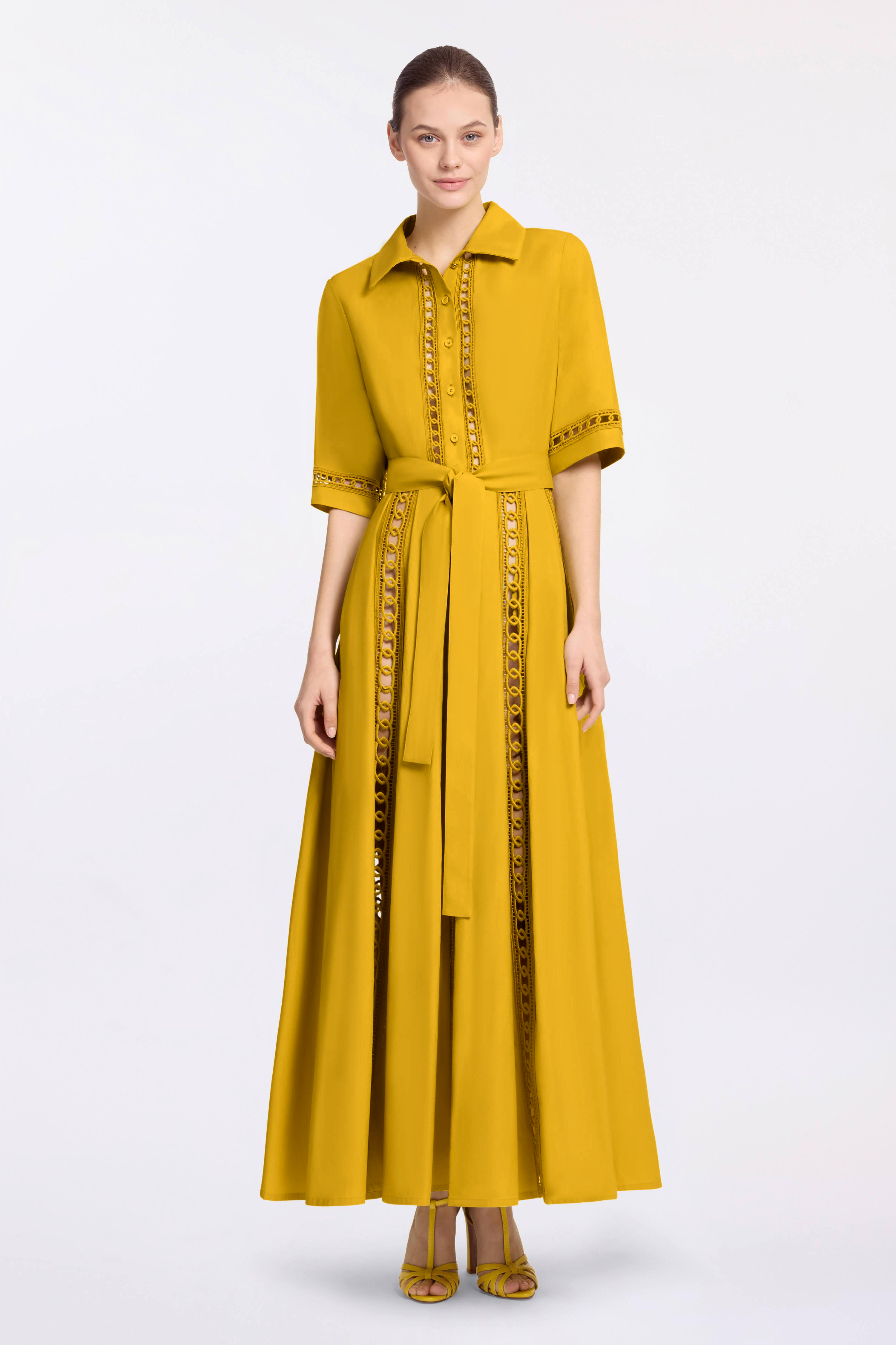 Linen Lace Cut-Out Single Breasted Midi Dress With Belt