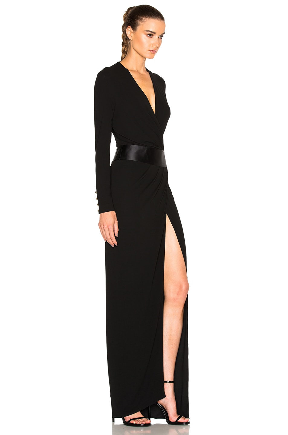 Solid V-Neck Long Sleeve Slit Maxi Dress With Belt