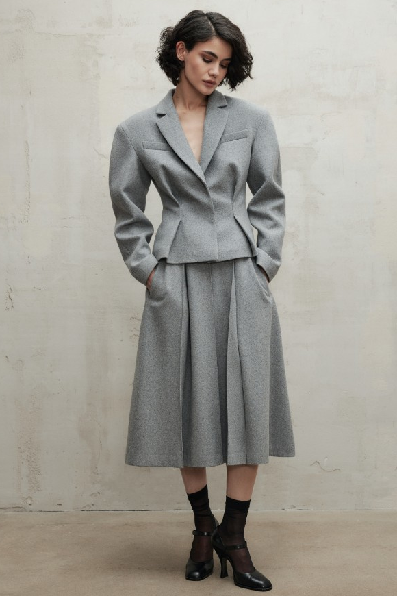 Woolen Flapped  Blazer & High Waist Midi Skirt Set