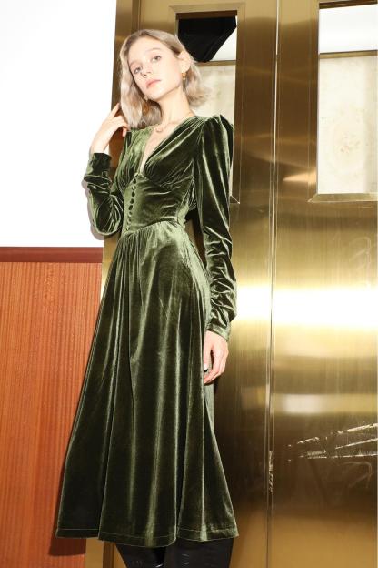 Velvet Button Long Sleeve Midi Dress