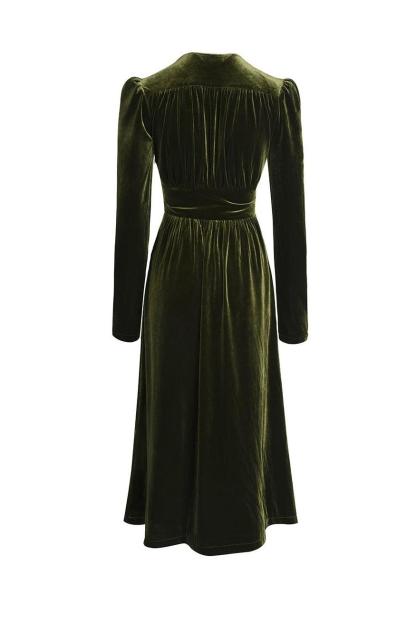 Velvet Button Long Sleeve Midi Dress