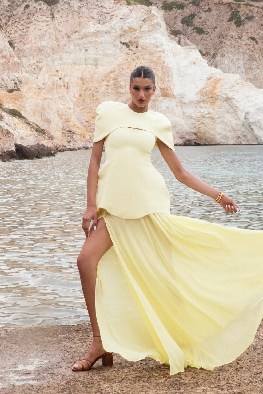 Solid Cape Sleeve Top & High Waist Midi Skirt Set