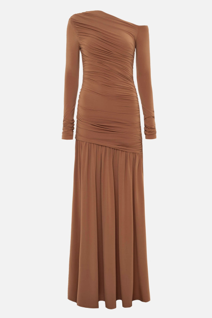 Jersey Gathering Asymmetrical Neck Maxi Dress
