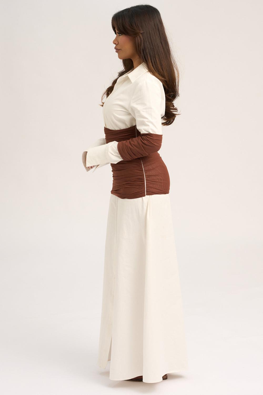 Contrast Color Shirt Collar Gathering Maxi Dress