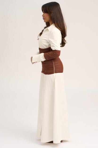 Contrast Color Shirt Collar Gathering Maxi Dress