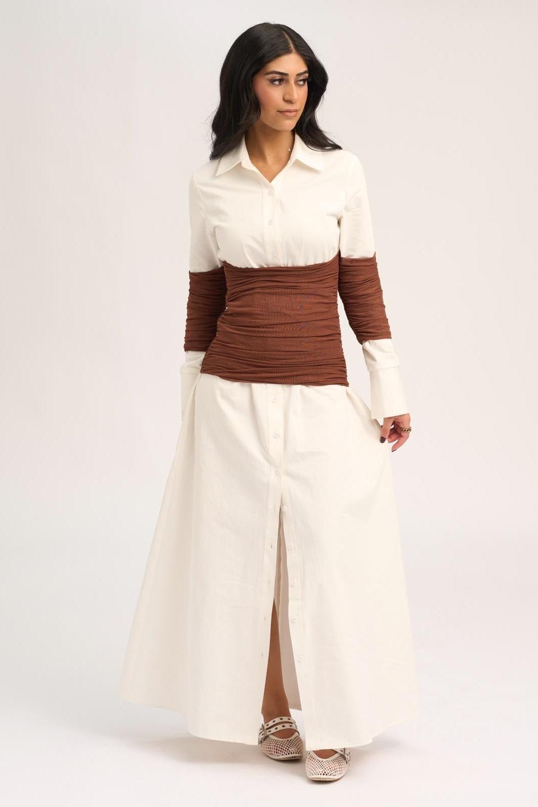 Contrast Color Shirt Collar Gathering Maxi Dress