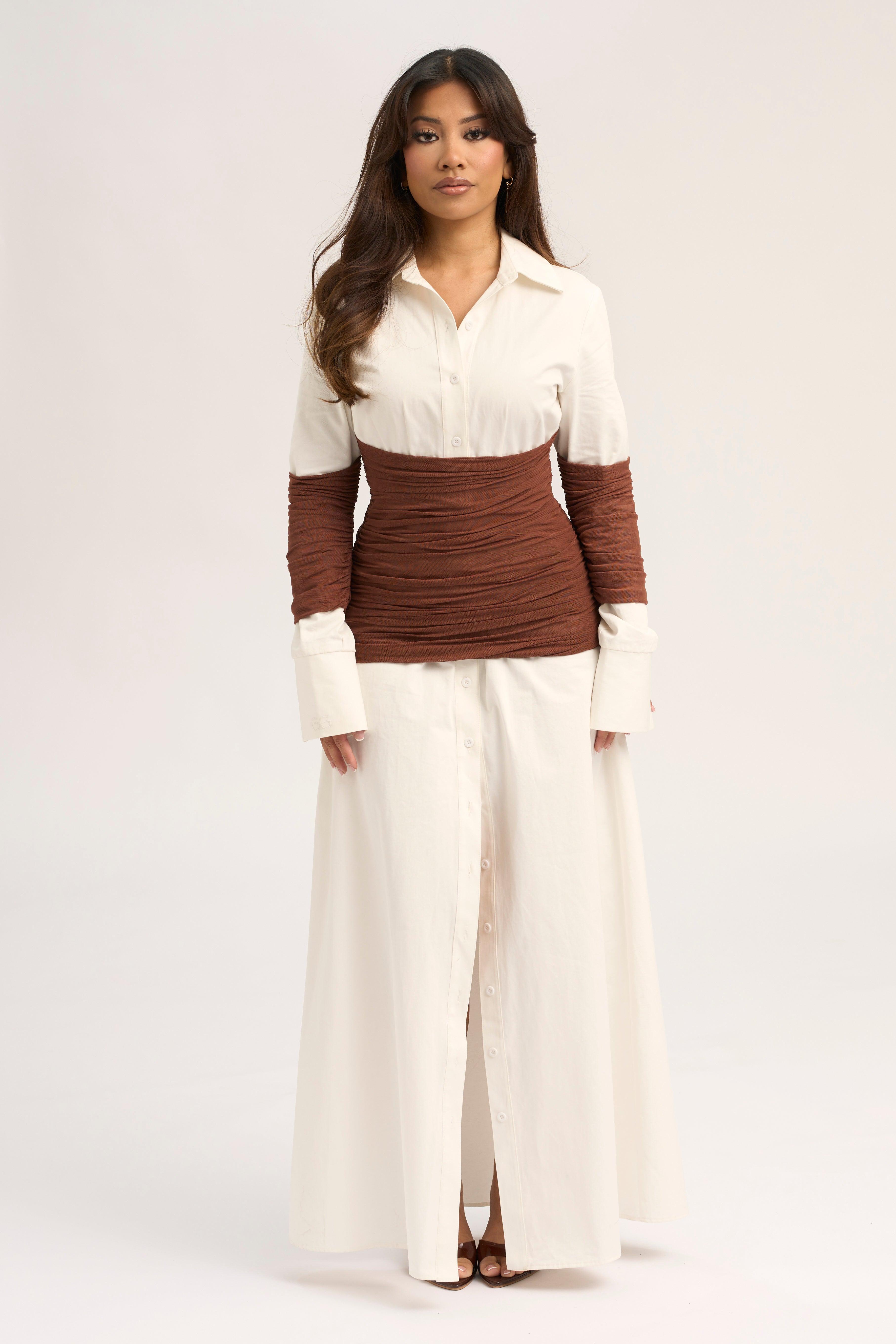 Contrast Color Shirt Collar Gathering Maxi Dress