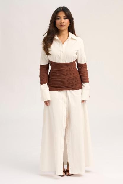 Contrast Color Shirt Collar Gathering Maxi Dress