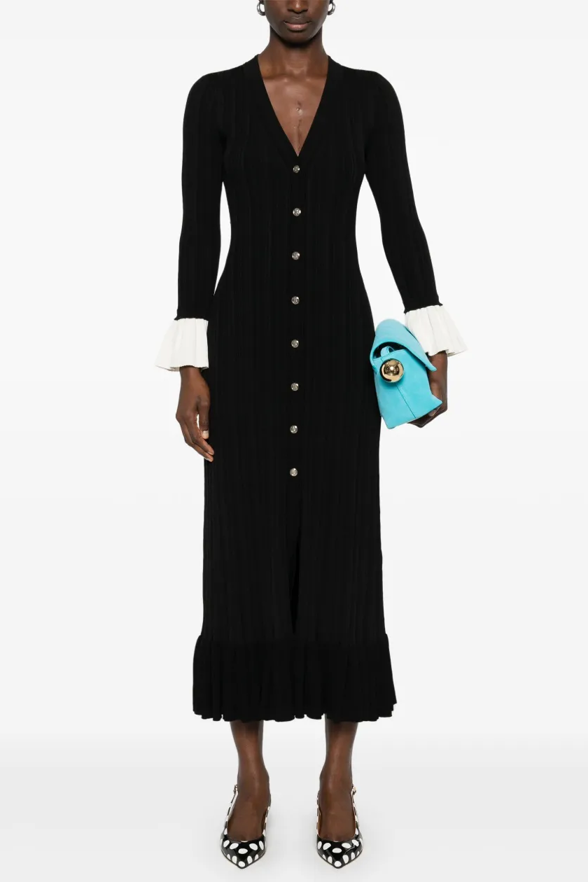 Knit Metal Button Contrast Color Midi Dress