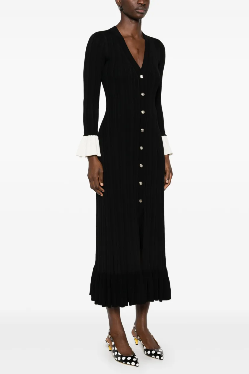 Knit Metal Button Contrast Color Midi Dress