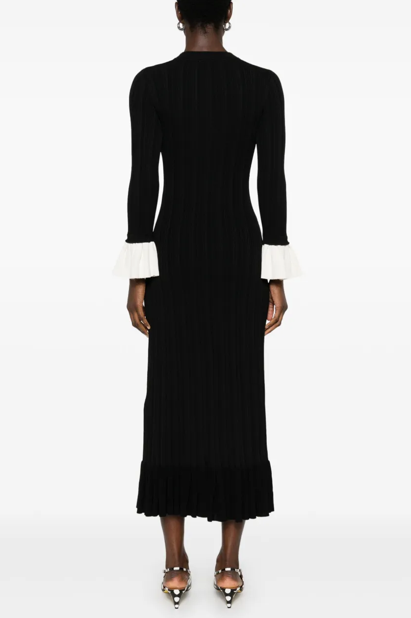 Knit Metal Button Contrast Color Midi Dress